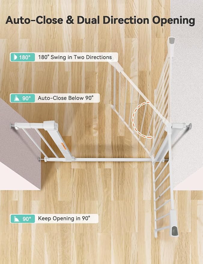 COMOMY 30" Tall Baby Gate for Stairs Doorways, Fits Openings 29.5" to 43.3" Wide, Auto Close Extra Wide Dog Gate for House, Pressure Mounted Easy Walk Through Pet Gate with Door, White