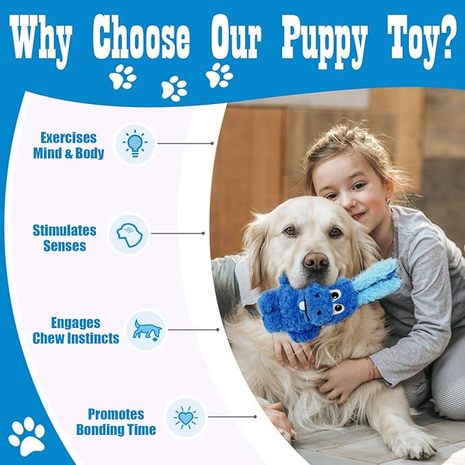 Squeaky Dog Toy Plush, Stuffed Crinkle Tug of War Dog Toy Keep Them Busy Animal Pet Puppy Interactive Birthday Toy for Small Medium Large Dogs (Blue)