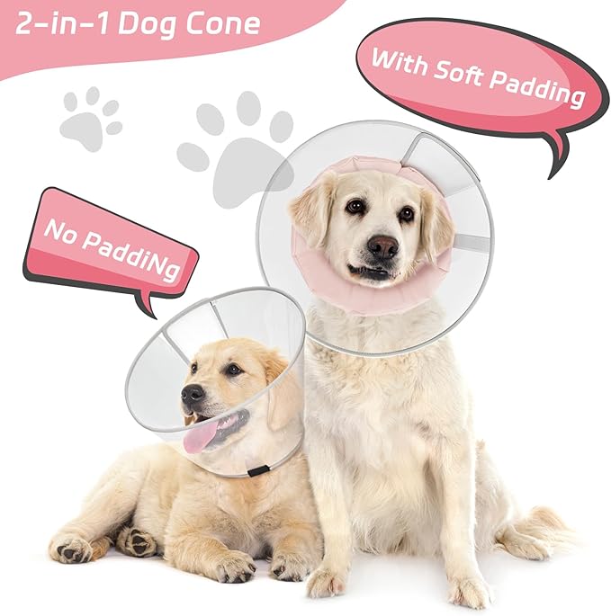 Dog Cone Collar to Stop Licking, Clear Elizabeth Recovery Collar with Soft Pad for Large, Medium, Small Dogs, Pet Head Cone Alternative After Surgery, Neutering, Injury (L)