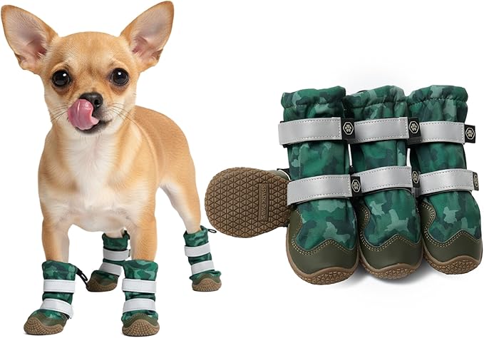 Spark Paws Dog Shoes, Waterproof Dog Boots for Medium to Large Dogs, Non Slip, Breathable Dog Booties and Paw Protectors - 4PCS Doggie Hiking Boots with Reflective Straps, Green Camo, Size 2
