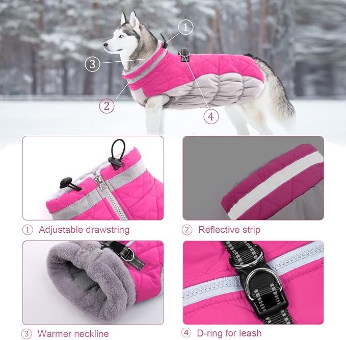 Lelepet Dog Coat Warm Dog Winter Coat Waterproof Dogs Jacket with Harness Built in Reflective Pet Fleece Vest Zip-Up Cold Weather Coats for Small Dogs Turtleneck & Windproof Coats Yorkie Rose Red S