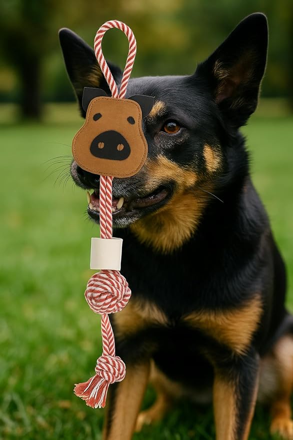 Natural Suede Leather & Rope Chew Toy with Bone for Medium to Large Dogs (Pig Shape)