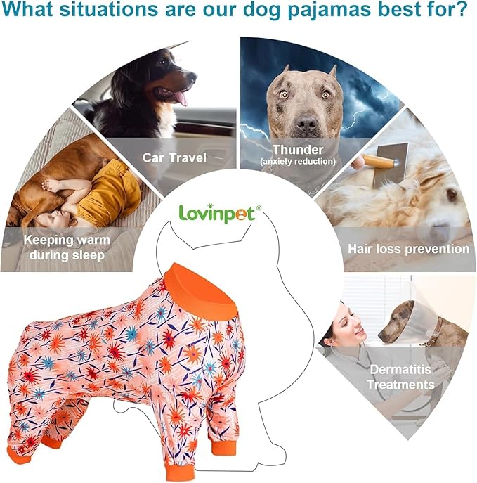 LovinPet Large Dog Clothes Female, Long Sleeve Shirt for Dogs, Anti Licking Dog Pajamas,Stretchy Comfy Fabric, Wildflowers Flame Print, Pajamas for Pitbulls, Onesies for Dogs, Pitbull Clothes,2XL