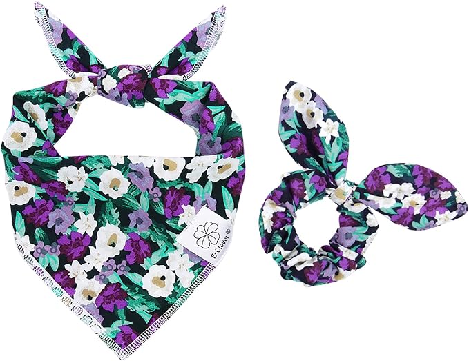 E-Clover Dog Bandanas & Matching Scrunchie Set Dog Bandana Scarf Bibs Washable Kerchief for Small Dogs Puppy & Pet Owner Purple Halloween Accessories