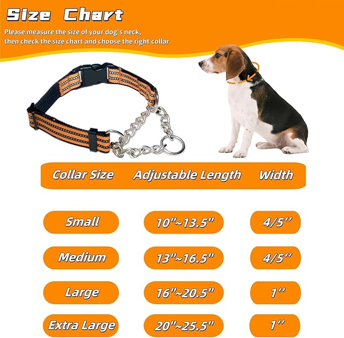 Martingale Dog Collars, Reflective Nylon Collar with Stainless Steel Chain, Adjustable Walking Training Dog Collars with Quick Release Buckle, Suitable for Small Medium Large Dogs(Orange,M)