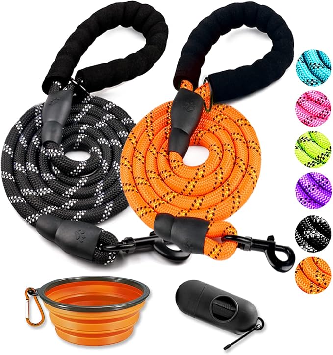 COOYOO 2 Pack Dog Leash 6 FT Heavy Duty - Comfortable Padded Handle - Reflective Dog Leash for Medium Large Dogs with Collapsible Pet Bowl Set 7-Black+Orange
