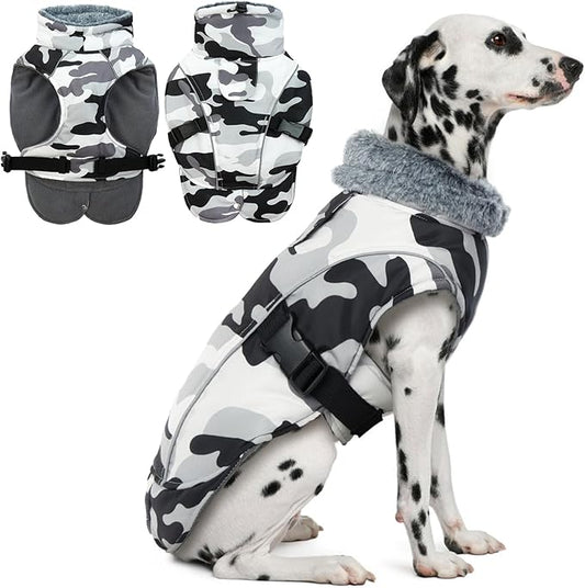 DENTRUN Dog Winter Coat - Windproof Reflective Jacket, Plush Turtleneck & Adjustable Belt, Water Repellent Fleece Lined Cold Weather Vest for Corgi Bulldog, White Camo, L