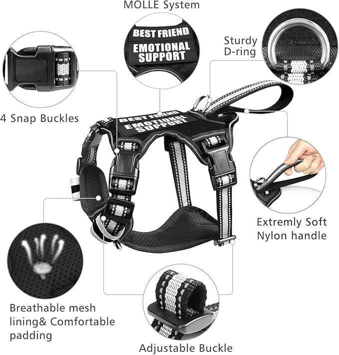 WINSEE Service Dog Vest No Pull Dog Harness with 7 Dog Patches, Reflective Pet Harness with Durable Soft Padded Handle for Training Small, Medium, Large, and Extra-Large Dogs (X-Large, Black)