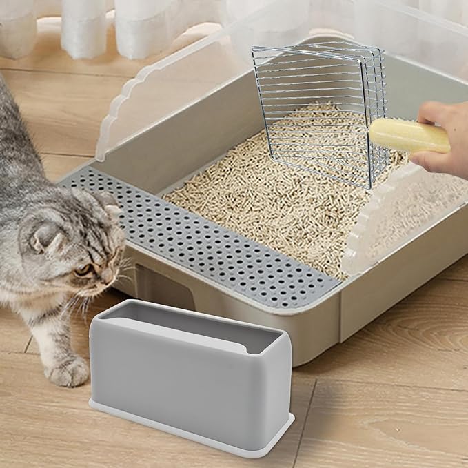 Metal Cat Litter Scooper with Holder,Stainless Steel Litter Scooper with Holder Heavy-Duty Cat Scoop Non-Stick Kitten Poop Deep Shovel for Kitty Box (Grey)