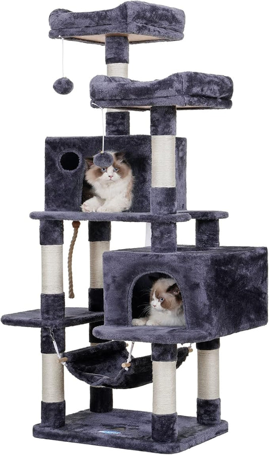 Hey-brother Multi-Level Cat Tree Condo Furniture with Sisal-Covered Scratching Posts, 2 Plush Condos, Perch Hammock for Kittens, Cats and Pets, Smoky Gray MPJ020-SG