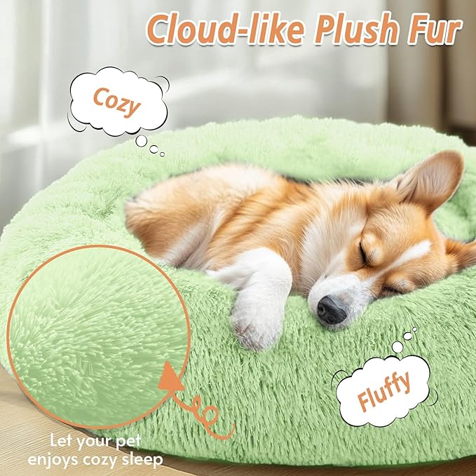 JOLLYVOGUE Calming Dog & Cat Bed for Large Dogs, Anti-Anxiety Donut Cuddler Cozy Soft Round Bed with Anti-Slip Bottom, Fluffy Faux Fur Plush Cushion Beds for Medium Dogs (36")