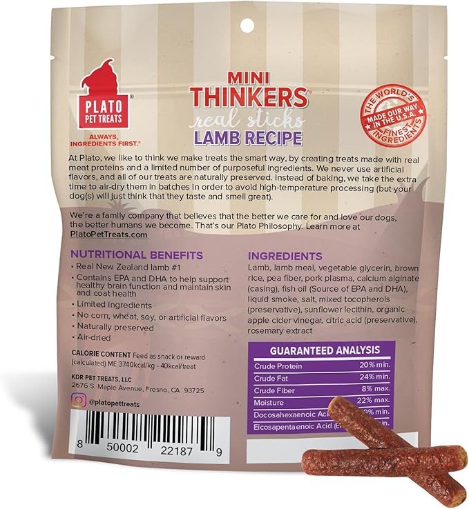 Plato Pet Treats Thinkers - Meat Stick Treats for Dogs - Limited Ingredient Dog Treats with EPA and DHA to Support Skin, Coat, and Brain - Air-Dried Dog Treats - Mini Thinkers Lamb 3oz