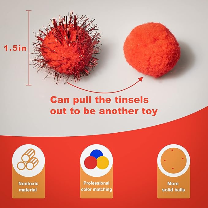 VAPKER 30 Piece 1.5" Red Color Sparkle Balls Cat's Favorite Toy Tinsel Pom Poms Glitter