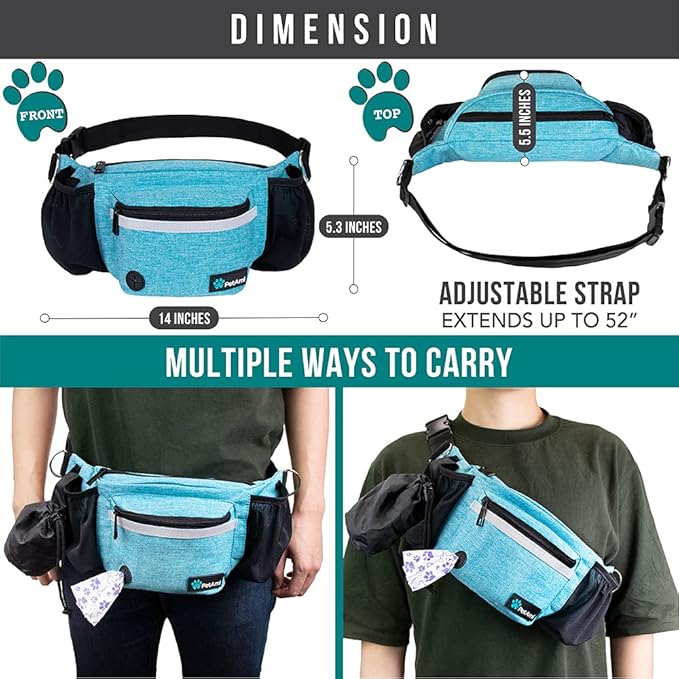 PetAmi Dog Fanny Pack, Treat Pouch for Dog Walking, Training, Built in Poop Bag Dispenser, Water Bottle Holder, Collapsible Bowl, Pet Treat Waist Belt for Hiking, Running, Kibbles (Turquoise)
