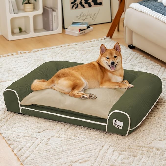 FUNNY FUZZY Orthopedic Dog Bed – Washable Dog Bed with Double Layer Plush Cushion Sofa Style Design with Bolstered Sides for Small Medium & Large Dogs Removable Cover L Size (31.5"x24.4"x7.1") Green