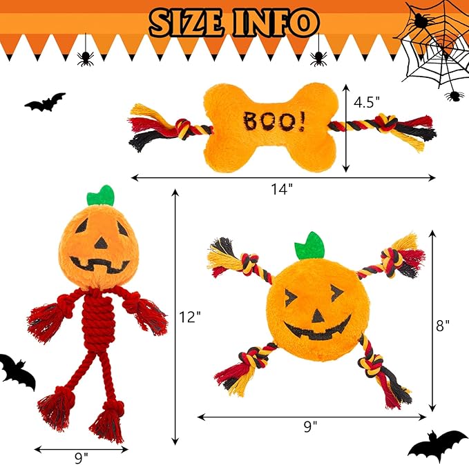 PUPTECK Halloween Dog Squeaky Chew Toys - 3 PCS Funny Pumpkin Plush Stuffed Toys for Puppy Pet Tugging Playing