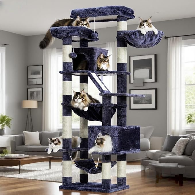 Heybly Cat Tree, 71-Inch-Tall Tower for Indoor Cats with 2 Perches, 2 Big Condos, 2 Hammocks, Basket, Scratching Pad, Large Cat Furniture and Condo, Smoky Gray HCT034G