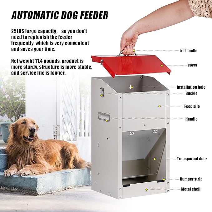 Galvanized Automatic Dog Feeder Large Breed Dog Food Dispenser for Large Dogs, 25lbs Outdoor Pets Feeder Gravity Food Feeder, US Patent Pending