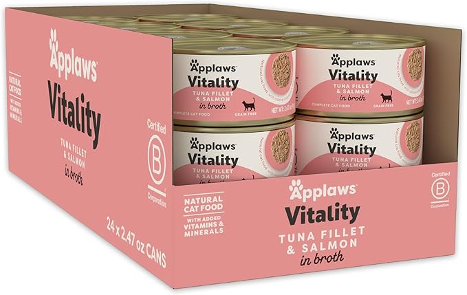 Applaws Vitality Wet Cat Food in Broth, Natural Cat Food with Added Vitamins & Minerals, Grain-Free, Carrageenan Free, Tuna Fillet & Salmon in Broth (24 Count, 2.47 oz Cans)