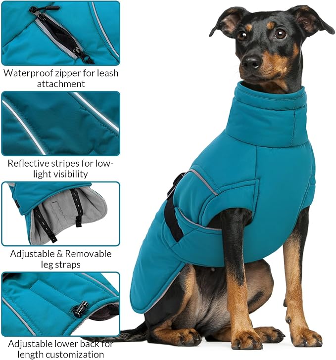 Queenmore XXL Dog Coat, Winter Jacket for Large Dogs, Waterproof Puffy Snowsuit, Adjustable Reflective Fleece Lining Warm Padding Parka for Cold Weather, Blue 3XL