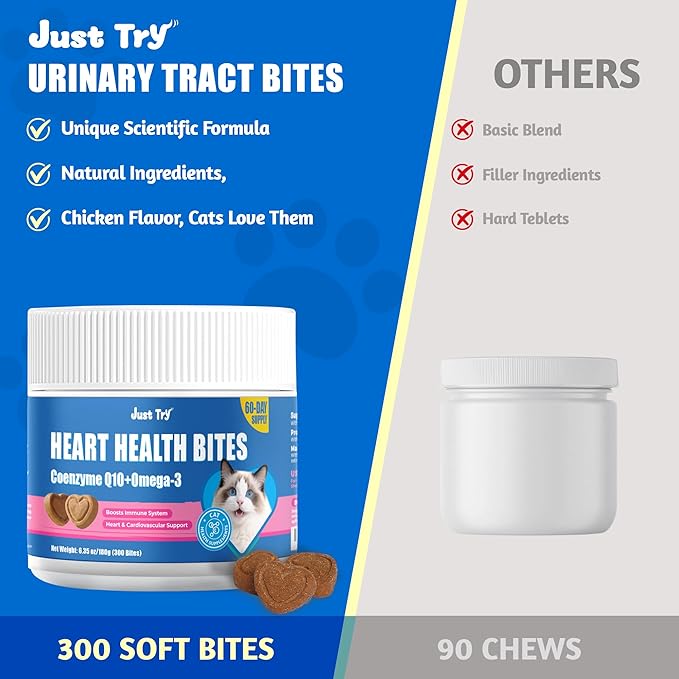 Just Try Coenzyme Q10 coq10 Bites for Cats - Advanced q10 & Taurine Cat Treats for Feline Heart Health - Chicken Flavored Soft Chews - Supports Heart Function - 300 Count