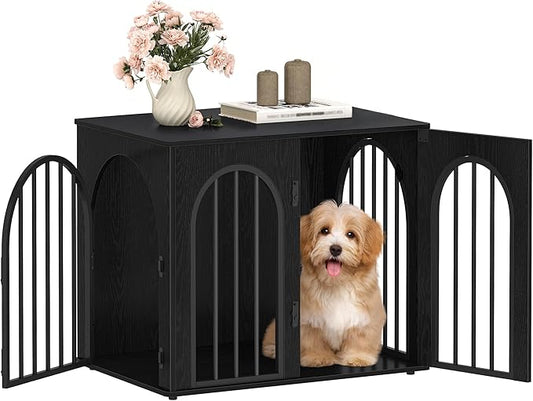26.8'' Wooden Dog Crate Furniture, Indoor Dog Kennel Dogs Cage for Small Dogs, Heavy Duty Dog Crates Decorative Pet House End Side Table TV Stand, Black DFC85504B