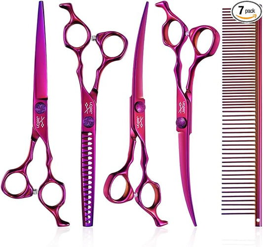 JASON Dog Grooming Scissors Set - Professional 6 in 1 Dog Shears Set - 7" Chunker, 7" Straight, 7" Up-Curved, 7" Down-curved Scissors and Comb for Cat Pet with Adjustable Screw
