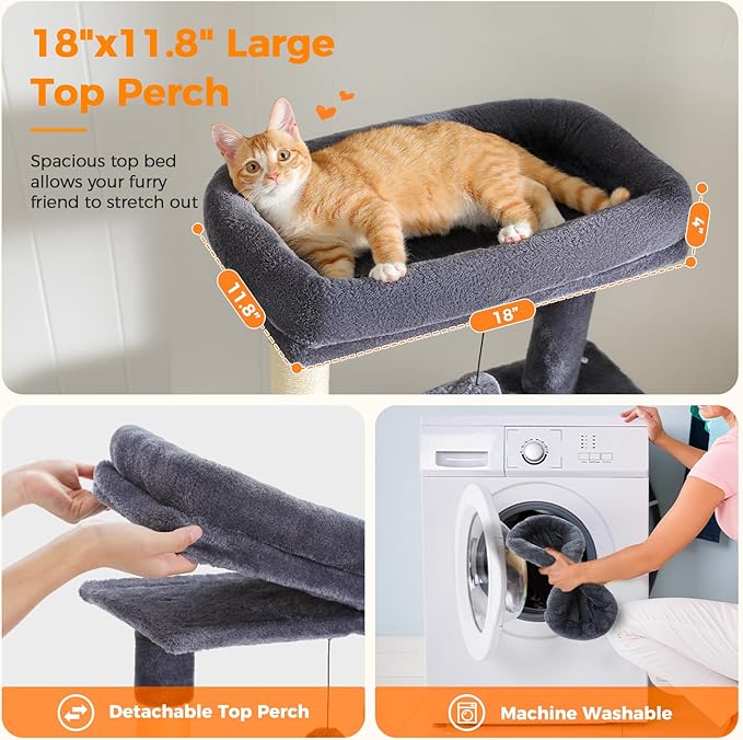 71 Inch Tall Cat Tree for Indoor Cats Large Adult, Multi-Level Cat Tower with Extra Large Hammock, 2 Cat Caves, Spacious Top Perch, Scratching Pad, Dark Grey