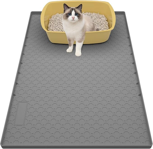 Silicone Large Cat Litter Mat 34" X 22", Cat Mat for Litter Box, Cats Litter Trapping Mat, Non-Slip and Waterproof, Raised Edges, Grey