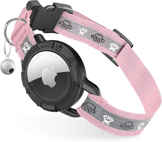 Reflective AirTag Cat Collar, Integrated Cat Tracker Collar with Air Tag Holder and Bell, Safety Elastic Band Cat GPS Collars for Girl Boy Cats, Kittens and Puppies (Pink, S)