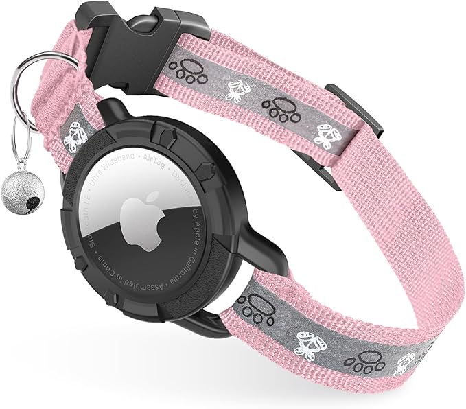 Reflective AirTag Cat Collar, Integrated Cat Tracker Collar with Air Tag Holder and Bell, Safety Elastic Band Cat GPS Collars for Girl Boy Cats, Kittens and Puppies (Pink, XS)