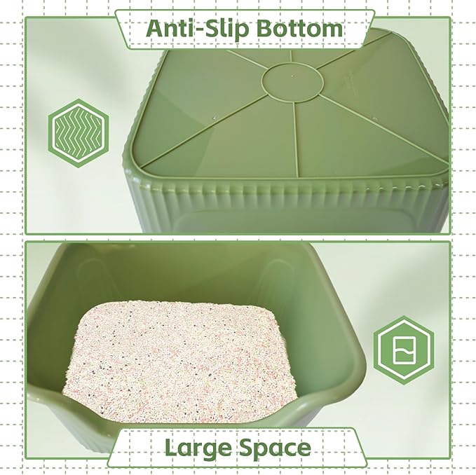 Large Cat Litter Box with High Sides,17.5"x15"x8.9" Open Top Cat Litter Pan Anti Splashing Non-Stick Litter Tray Low Entry Cat Litter Boxes Jumbo Kitty Litter Toilet Easy Clean for Cats(Green)