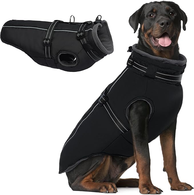 PUMYPOREITY Snow Jacket for Large Dogs Waterproof, Warm Dog Winter Coat with Harness Built in, Fleece Jacket with Back Zipper, Cold Weather Coats for Outdoor, Windproof Pet Snowsuit, Black, 3XL