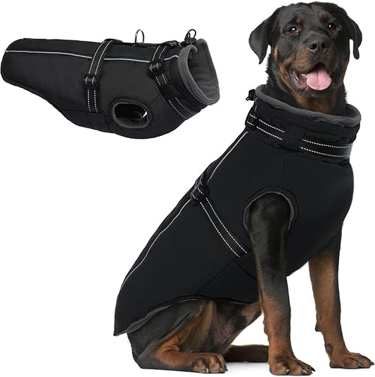 PUMYPOREITY Snow Jacket for Large Dogs Waterproof, Warm Dog Winter Coat with Harness Built in, Fleece Jacket with Back Zipper, Cold Weather Coats for Outdoor, Windproof Pet Snowsuit, Black, 3XL