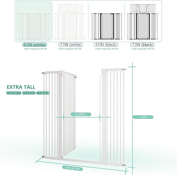 51" Extra Tall Cat Gate 28.5"-48.7" Wide, Auto Close, Pressure Mounted, for Cats & Small Dogs, Hallway, Stairs, Kitchen
