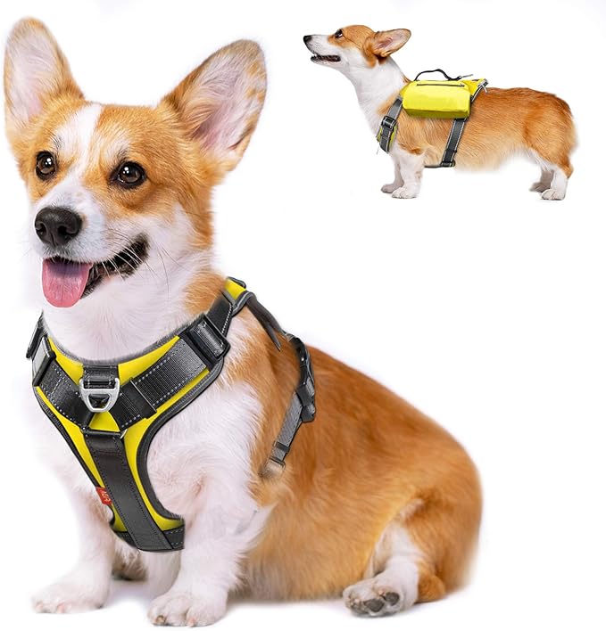 Fida Dog Harness, Multi-Functional No-Pull Pet Vest Harness with Saddle Bags Backpack, Front Leash Clip, Adjustable Soft Padded Reflective No-Choke Dog Vest Heavy Duty for Medium Dog, M, Yellow