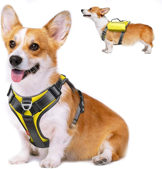 Fida Dog Harness, Multi-Functional No-Pull Pet Vest Harness with Saddle Bags Backpack, Front Leash Clip, Adjustable Soft Padded Reflective No-Choke Dog Vest Heavy Duty for Medium Dog, M, Yellow