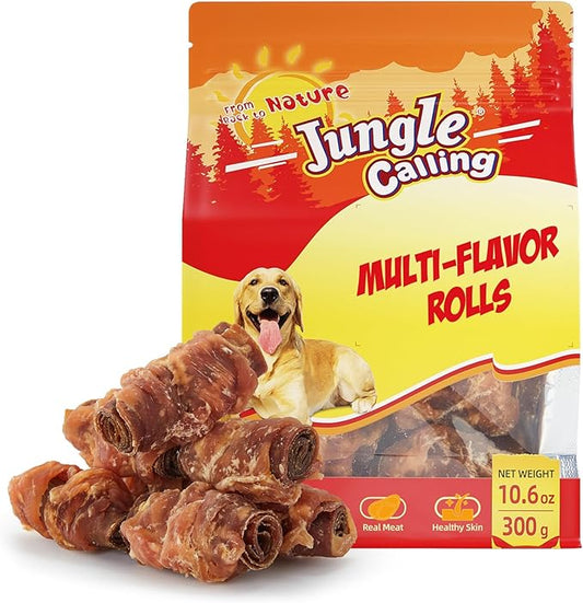 Jungle Calling Multi Flavor Rolls Dog Treats, Made with Real Chicken Duck Beef Meat, Peanut Butter Flavor Rawhide-Free Dog Snacks, Health Skin and High Protein Dog Treat, 10.6 oz