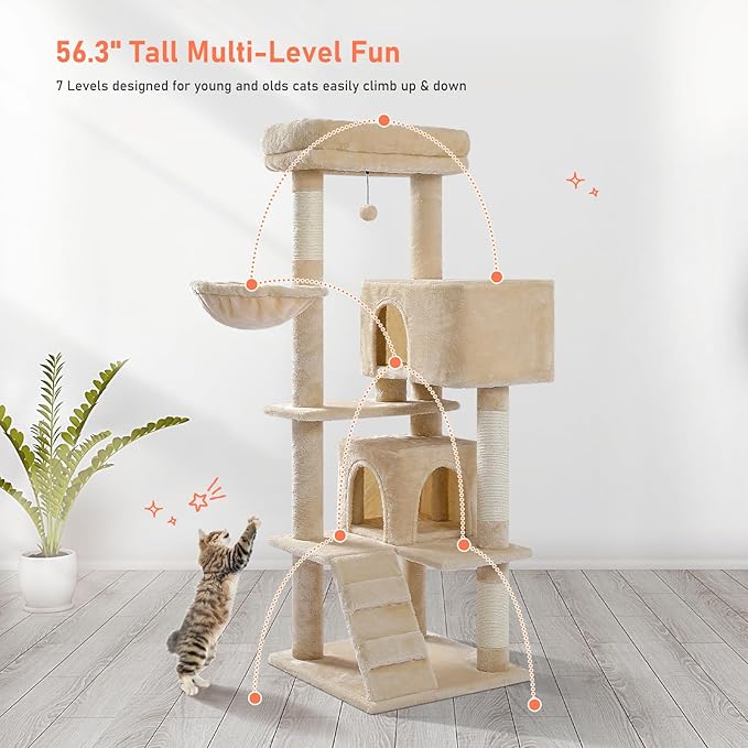 Cat Tree for Indoor Cats, 2 Cozy Condos with Spacious Top Perch, 56.3-Inch Multi-Level Cat Tower with Scratching Posts, 2 Caves, Plush Hammock and Climbing Ramp, Beige