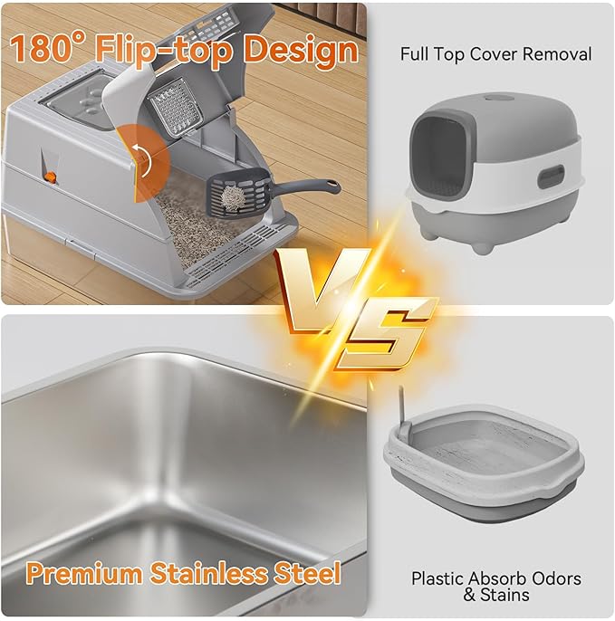 Enclosed Stainless Steel Cat Litter Box with Lid, Front & Top Flap, 180° Flip-top Design, Extra Large Metal Cat Litter Box with Scoop & Filter Pedal,Odor-Resistant (Light Gray)