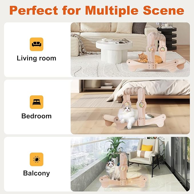 Oroonoko Cat Scratcher Bed for Indoor 3-in-1 Sisal Scratching Post & Hammock with Easy Assembly, Non-Tip Wood Base, Large Cat Bed & Scratch Pad & Scratch Balls (3-in-1 scracher Bed with Ball)