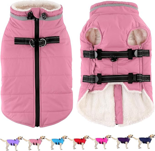 Dogcheer Dog Coat with Harness, Waterproof Dog Jacket Adjustable Winter Coat with Zipper, Christmas Puppy Snow Jacket Fleece Sweater for Small Medium Large Dogs - Light Pink S