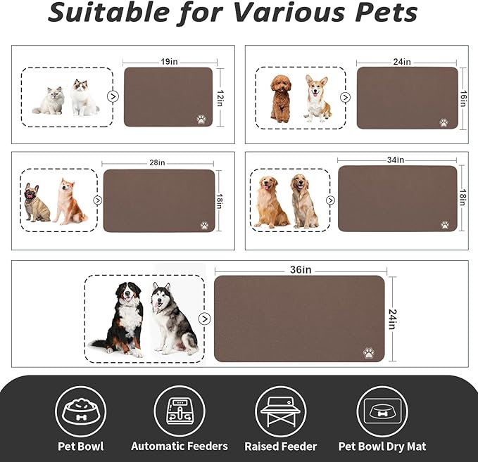 Pet Feeding Mat - Absorbent Dog Mat for Food and Water, No Stains Cat Bowl Mat, Easy to Clean Pet Placemats, Quick Dry Dog Water Dispenser Mat for Messy Drinkers | Paw Brown 12"x 19"