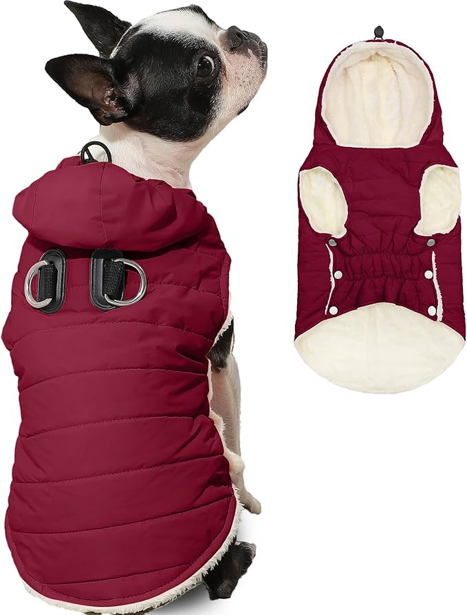 Fleece Lining Dog Hoodie with Harness Built in,Extra Warm Large Dog Jacket in Winter Doggie Coats with Drawstring Hooded,Red XXXL