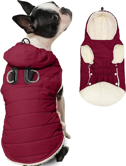 Fleece Lining Dog Hoodie with Harness Built in,Extra Warm Large Dog Jacket in Winter Doggie Coats with Drawstring Hooded,Red XXXL