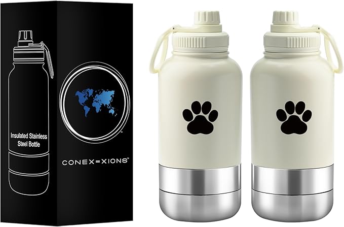 32 oz Portable Dog Water Bottle & Bowl for Travel- 3 in 1, Stainless Steel, Leak-Proof, Insulated (Curious Cream, 32 oz)