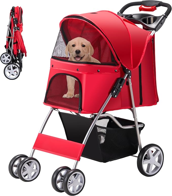Pet Stroller, 4 Wheels Pet Strolling Cart for Medium/Small Dogs and Cats, Foldable Cat Jogger/Dog Stroller with Cup Holder, Storage Basket, Breathable Mesh, All-Season Pet Carrier, Red