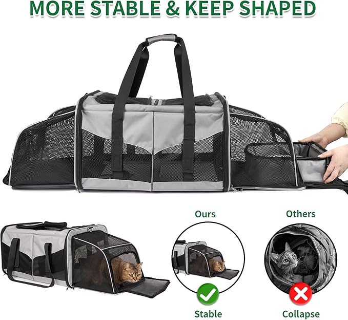 Cat Carrier with Litter Box - INRLKIT Cat Carrier for 2 Cats, Portable 2-in-1 Double Cat Travel Carrier Bag for Traveling, Expandable Pet Carrier for Car, Portable Travel Litter Box for Cats (Grey)
