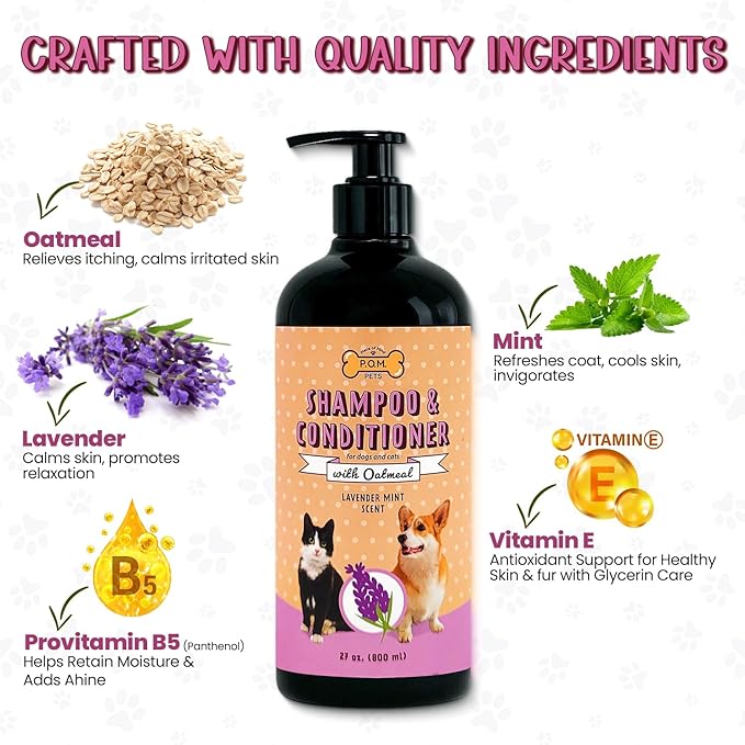 POM Pets 2-in-1 Organic Dog Shampoo & Conditioner – Itchy Skin Relief, Dog Deshedding, Detangles Fur, Cat Shampoo, Paw Cleaner for Dogs, Natural Coat Defense Formula