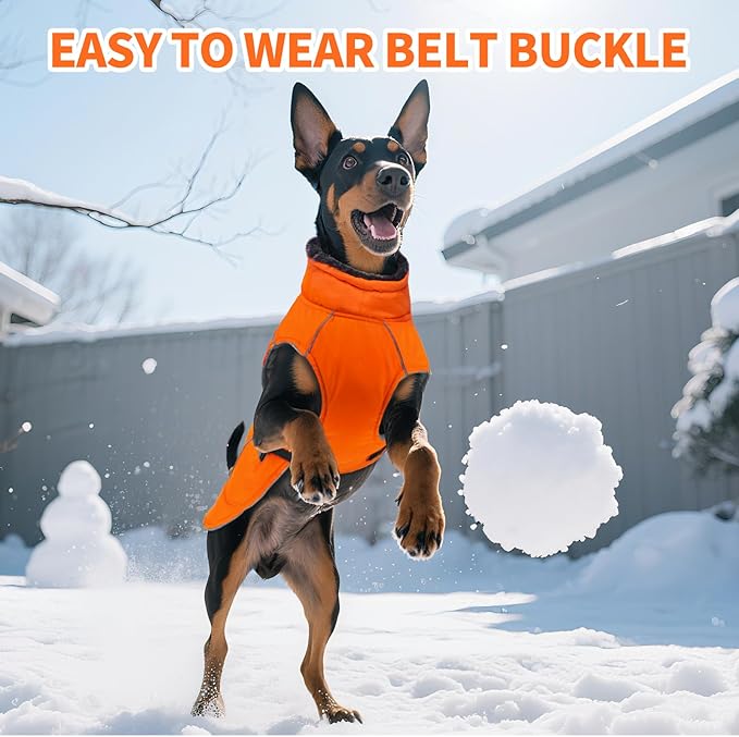 DENTRUN Extra Large Warm Dog Jacket - Windproof Water Repellent Reflective Coat, Adjustable Plush Turtleneck, Easy Wear Fleece Lined Cold Weather Vest for Great Dane, Orange, XXXL